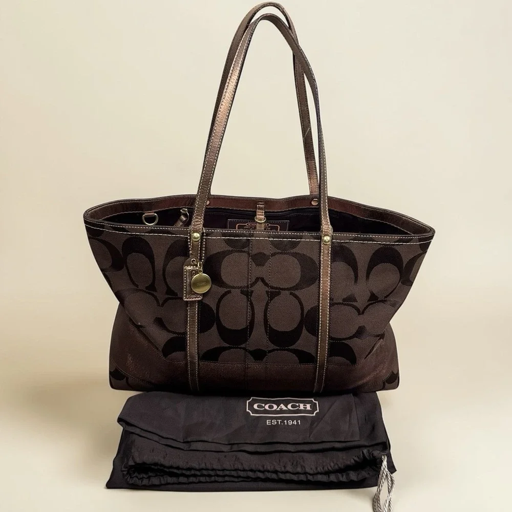Y2K Coach 11099‎ Legacy Signature Stripe Brown Jacquard Large Tote With Dust bag
